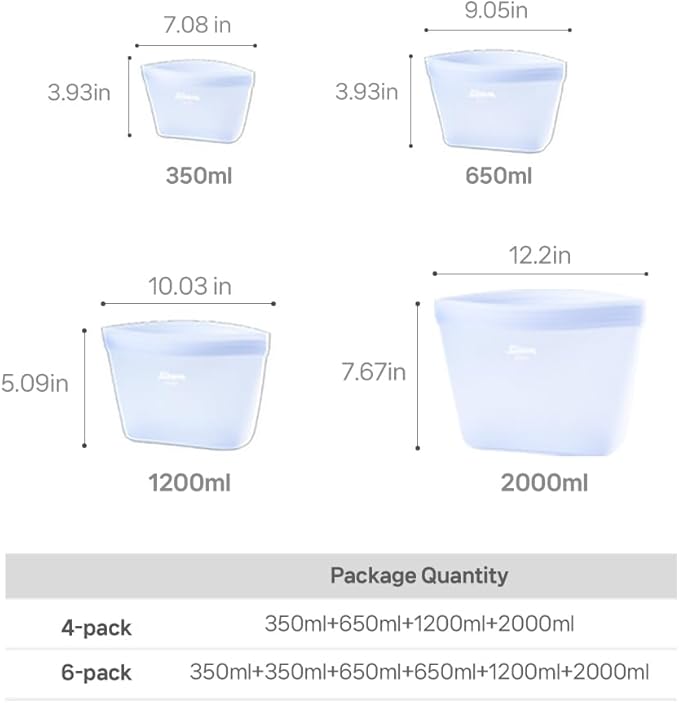 6-Pack Silicone Reusable Stand Up Zip Lock Bag Food Storage Bags, Multi-Use Food Storage Bags, Lunch Bag, Travel Containers, Leak-free, Dishwasher-Safe, Freezer-Safe, light blue (6-Pack)