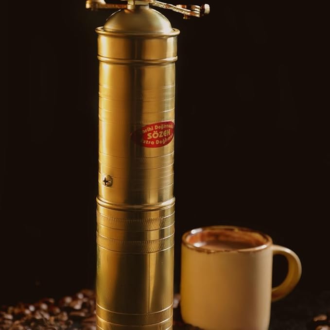 Sozen 9" Manual Coffee Grinder Brass – Hand Crank Burr Mill for Turkish Coffee, French Press, Espresso, Camping & Home Use – Portable Coffee Bean Grinder, Adjustable Conical Grinder