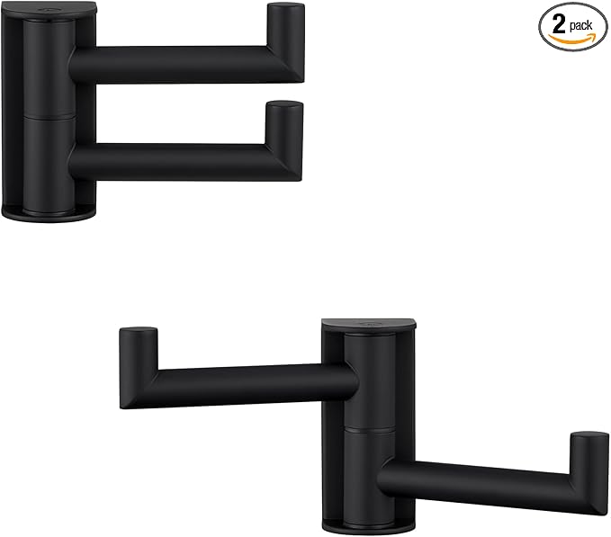 APLusee Swivel Towel Hook Matte Black 2 Pack, 304 Stainless Steel Towel Holder Bathroom Robe Hook, Folding Wall Hook Wall Mounted