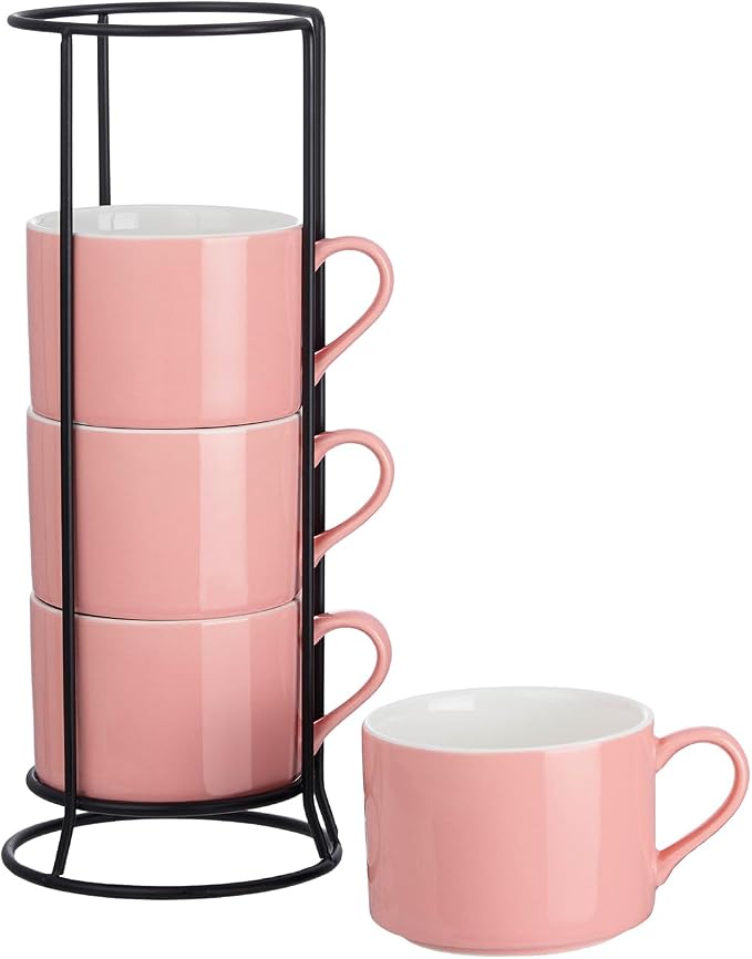 10oz Porcelain Stackable Coffee Mugs and Metal Stand Set of 4, Espresso Cups Set for Hot Drinks, Cappuccino, Tea-Pink