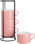 10oz Porcelain Stackable Coffee Mugs and Metal Stand Set of 4, Espresso Cups Set for Hot Drinks, Cappuccino, Tea-Pink