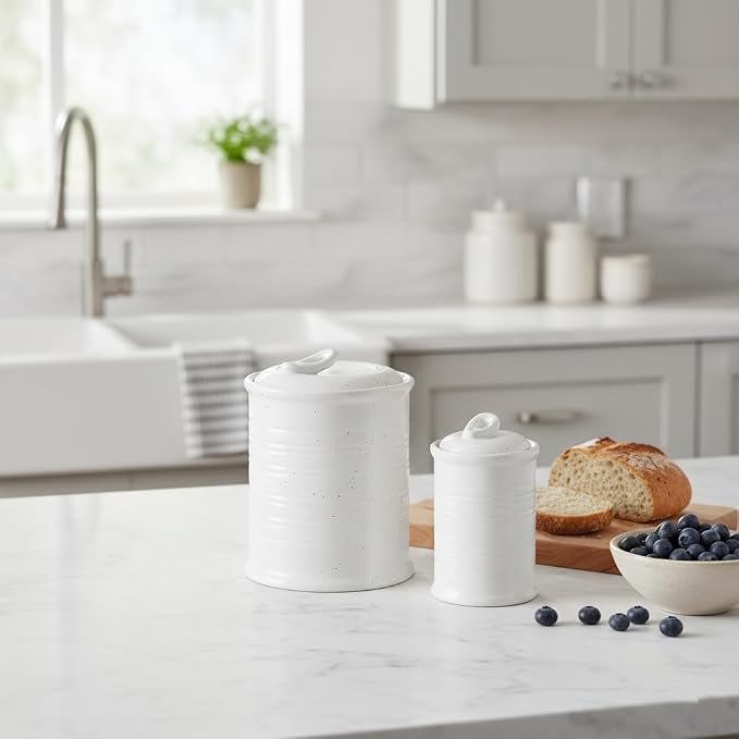 Nihow Food Storage Jar,Ceramic Canister Sets for The Kitchen,Set of 2,White | Air Tight Lid,For Flour/Sugar/Rice/Coffee/Cookies/Candy,Kitchen Counter Canister/Dishwasher Safe