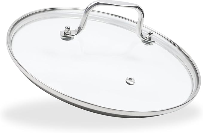 9.5 Inch Clear Glass Pot Lid for Frying Pan Replacement Cover Can Withstand 428°F (220℃) with Stainless Steel Arch Bridge Handle,Polished Silver