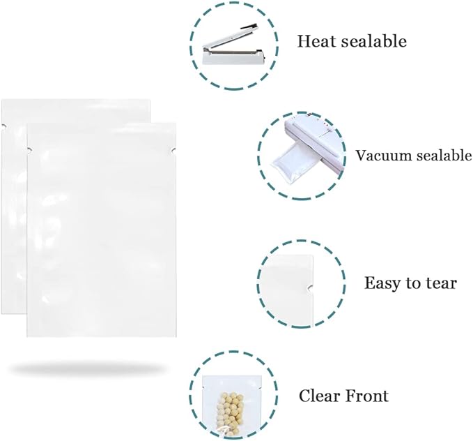 PABCK 100 Pack 5.5x7.9 inch (Usable Size 5.1x7.5 inch) White Front Clear Open Top 2.8mil Plastic Vacuum Pouch Heat Sealable Bags for Food Storage Packets Mini Sample with Tear Notches