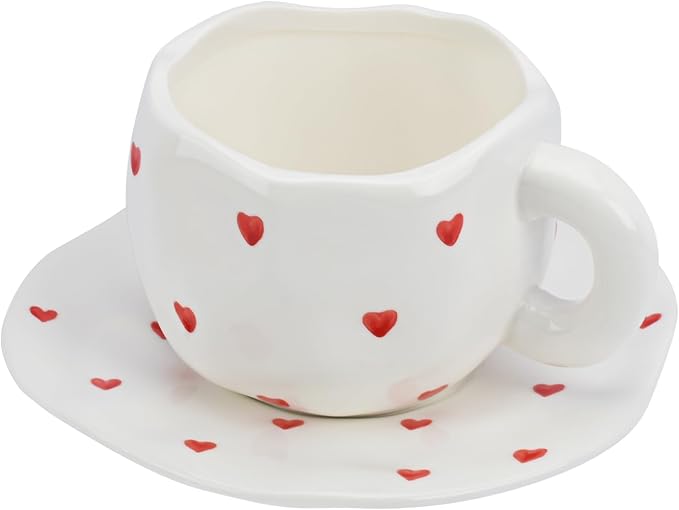 Koythin Ceramic Coffee Mug with Saucer, Cute Red Heart Cup for Women for Office and Home, Couple Cups for Girlfriends, 10 oz/300 ml for Latte Tea Milk (Small Red Heart)