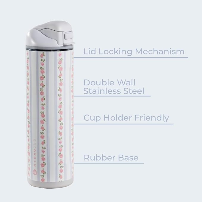 HydroJug Ease2o Water Bottle with Straw & Chug Lid, Stainless Steel, Vented Cap to Help Reduce Pressure, Water-Level Window, Cup Holder Friendly, Non-Slip Base – 24oz, Primrose