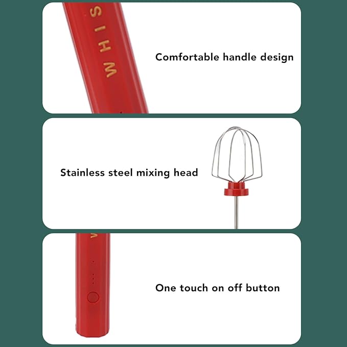 Handheld Usb Rechargeable Milk Foam Maker With 2 Stainless Whisks Electric Mini Mixer 3 Speeds For Coffee Matcha Latte Cappuccino Hot Chocolate(Red)