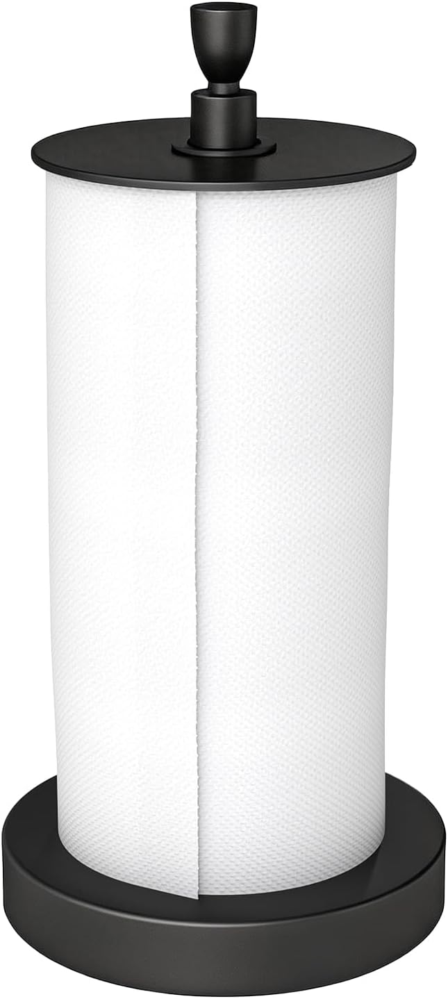 YUMORE Paper Towel Holder Countertop – Heavy Weighted Base Non-Slip, One-Hand Tear, Stainless Steel Kitchen Paper Towel Stand for Stove Side, RV, Black