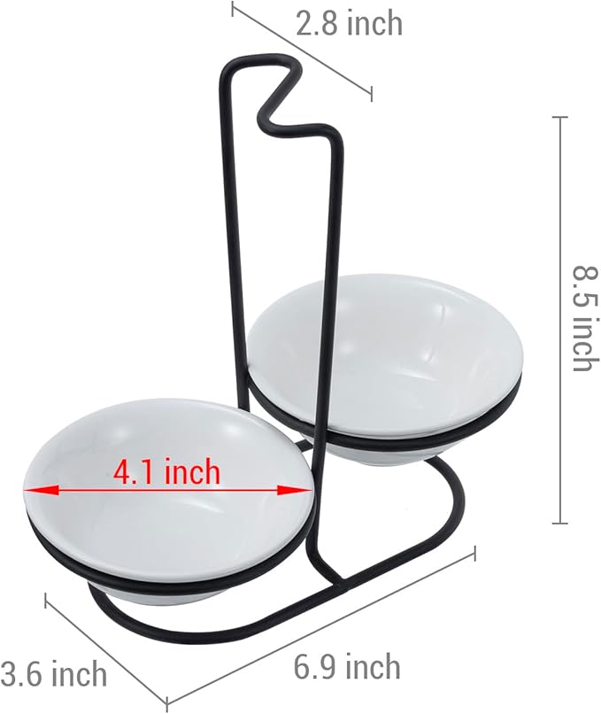 MyGift Countertop Ceramic Spoon Rest with Matte Black Metal Stand, Upright Ladle Holder Rack with 2 Bowl Dish