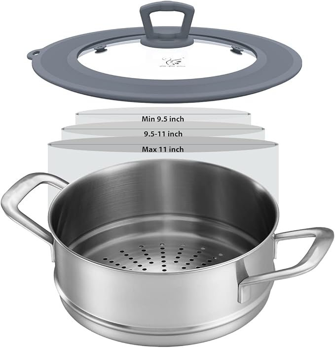 Set of 2 Vented Tempered Glass Universal Lid for Pot Pan Skillet with Heat Resistant Silicone Microwave Splatter Cover Microwave Safe Fit 6.5" 7" 7.5" and 9.5" 10" 10.5" 11", Light Grey