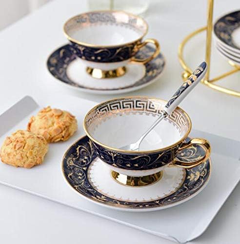 YBK Tech Euro Style Bone China Cup& Saucer Set, Ceramic Tea Coffee Cup for Home Kitchen Wedding (Royal Pattern- Deep Blue)