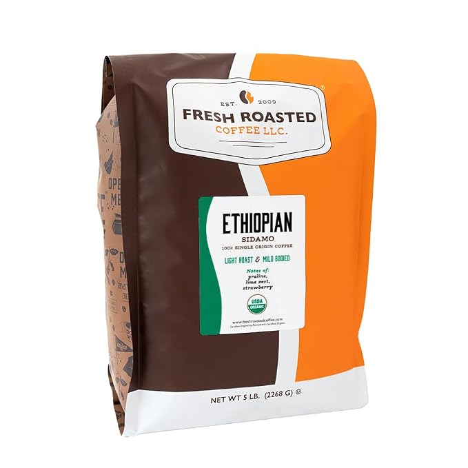 Fresh Roasted Coffee, Organic Ethiopian Natural Whole Bean Coffee, Light Roast, USDA Organic, 100% Single Origin, Kosher, 5 lb (80 oz)
