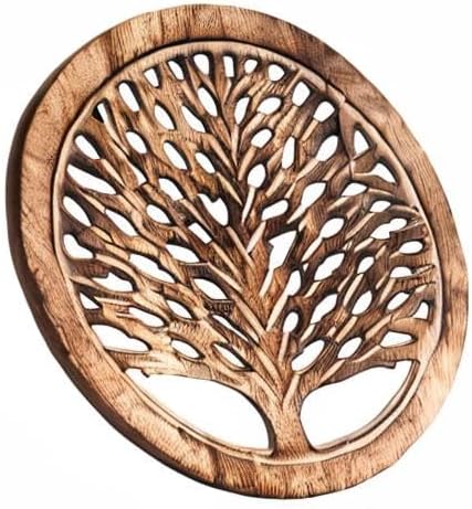Wedding Gifts Set of 2 Wooden Trivets for Hot Dishes Pots and Pans Tea Pot Holders Hot Pads Tree of Life Design Modern Farmhouse Kitchen Counter Decor Dia 8'' Inch (Burnt)