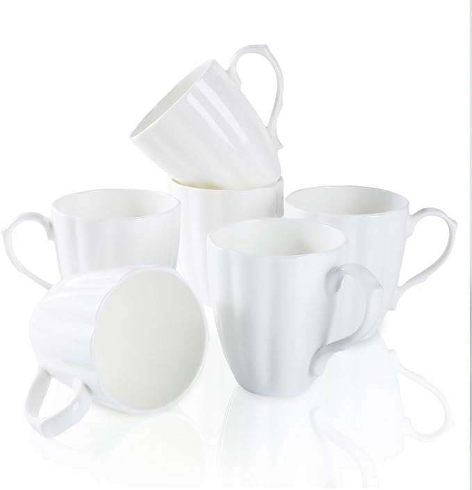 Fine Bone China Coffee Mugs Set of 6 (12 oz), White Pumpkin Shaped Tea Cups, Lightweight Ceramic Coffee Mugs for Women, DIY Gifts for Festival, Microwave Oven and Dishwasher Safe
