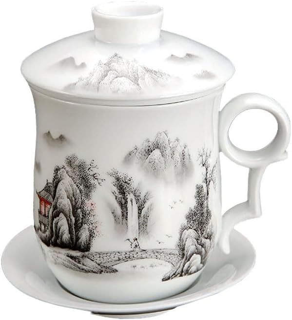 GOLDY&WENDY 4 Pieces Classic Ceramic Tea Cup Chinese Pattern Porcelain Tea Mug with Strainer Infuser and Lid and Saucer for Home Office