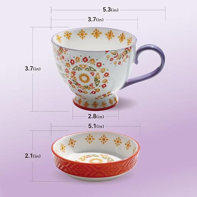 Large Ceramic Coffee Mugs Set of 2,15 oz Stoneware Coffee Cups with 2 Saucers,Underglaze Hand-Painted Cup For Coffee/Cereal/Beer,Festivals and Housewarming Gifts For Family And Friends | Bohemian Hand-Painted Cup for Latte, Tea, Espresso, Microwave & D...