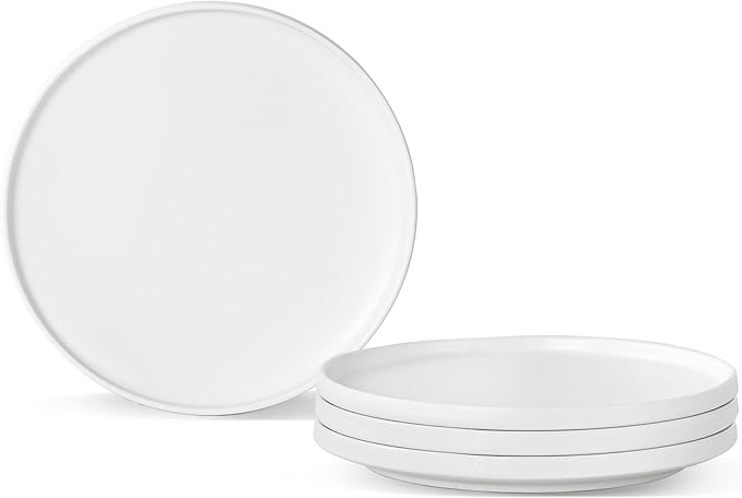 Ceramic Salad & Dessert Plates Set, 8 Inch, Set of 4, Modern White | Stoneware, Dishwasher & Microwave Safe, Small Dinner Plates, For Cake, Fruits, Waffle, Pasta, Salad