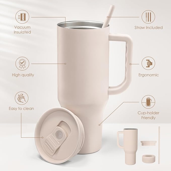 SANDJEST Brown 40oz Tumbler with Handle and Straw, Insulated Stainless Steel Travel Coffee Mug for Women Girls, Gift Idea for Birthday Christmas Mothers Day