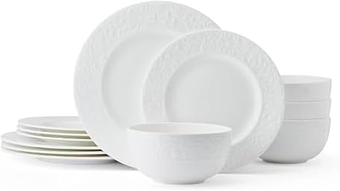 Mikasa Claire Floral Bone China Lightweight Chip Resistant 12 Piece Dinnerware Set, Service for 4, White