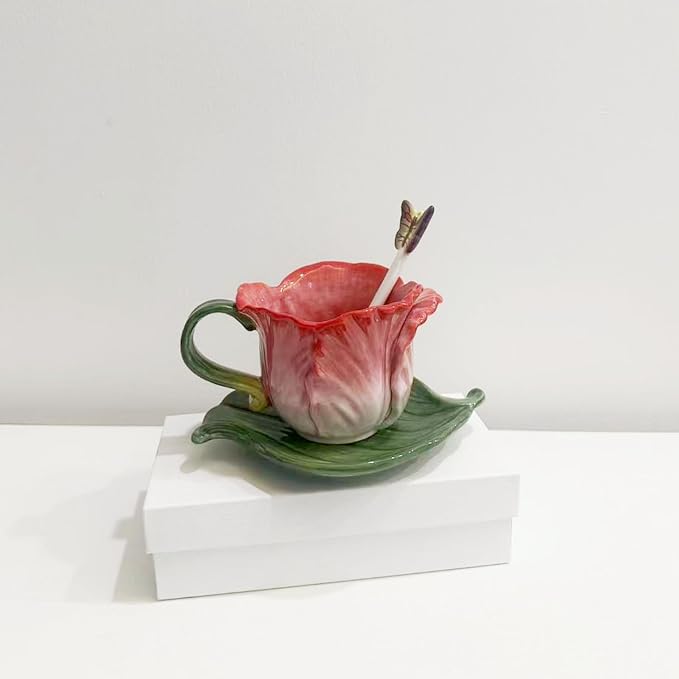 Ceramic Tea Cup and Saucer Set ，8OZ 3D Hand-Painted Flower Coffee Mug，Gift for Women -RoseRed