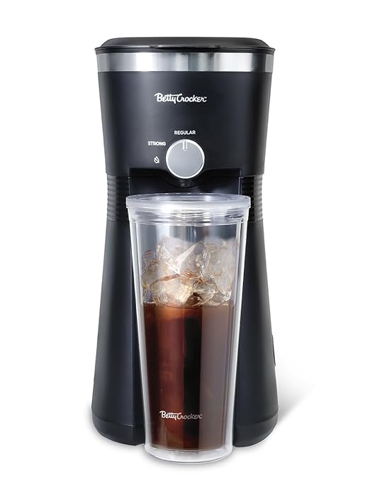 Betty Crocker Coffee Maker for Iced & Hot Brew, Brews in 4 Minutes, Compact Iced Coffee Machine with Chrome Accents, Reusable Filter, BPA-Free 20-Oz Tumbler & Straw, BC-4869B, Black
