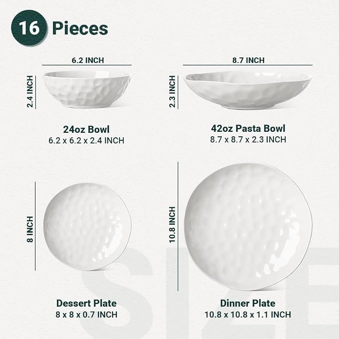 HOMBENE Large Dinnerware Set 16 Piece Service for 4, Plates and Bowls Sets, High-fired at 2372°F, for Dessert Salad and Pasta, Dishes Set w/Cereal Bowls