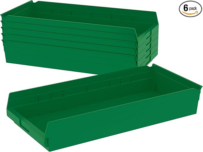 Plastic Shelf Bin Nestable, 11-1/8"W x 23-5/8"D x 4"H Green - Lot of 6
