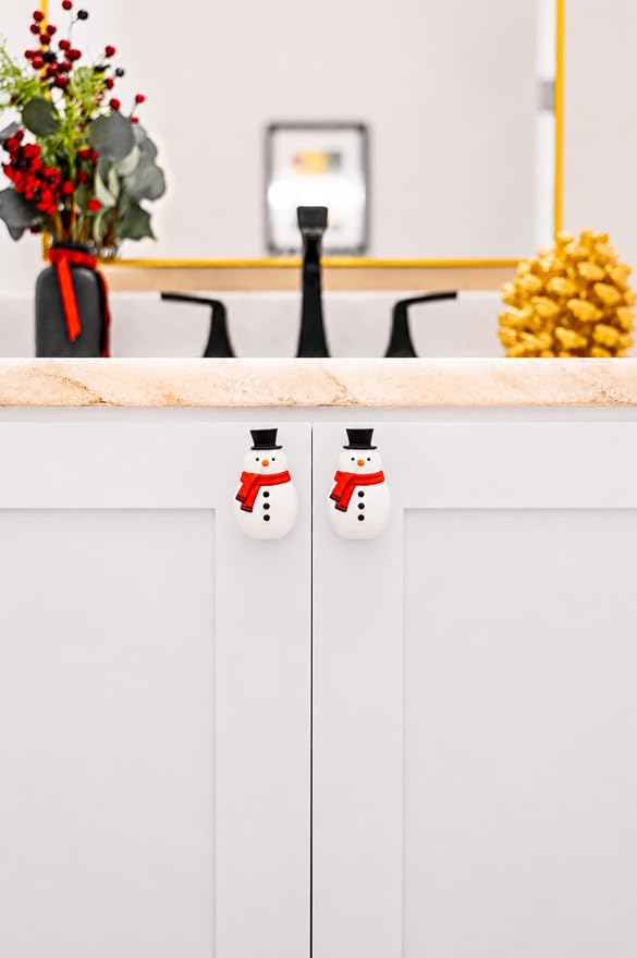 Knobēz: Decorative Knob Covers - Snowman - 8pk - Stretch Over Hardware Decorations, Holiday-Winter-Christmas, Kitchen-Bathroom-Dressers-Home