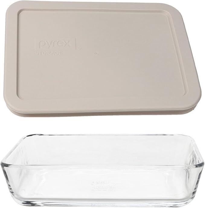 Pyrex 7210 3-Cup Glass Dish & 7210-PC Warm Stone Gray Food Storage Lid (2-Pack) - Made in USA