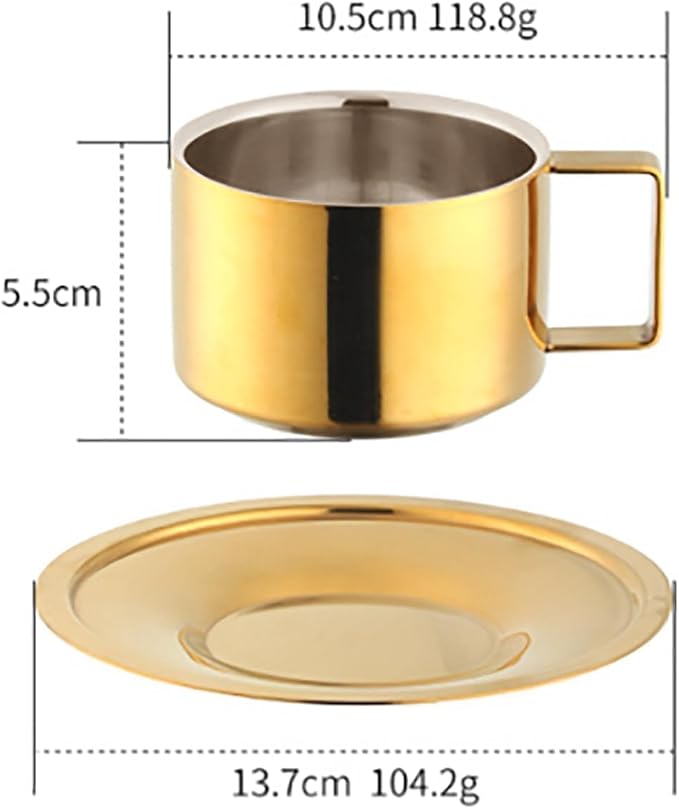 2Pcs Espresso Cups and Saucers Set, Coffee Cup and Saucer Set Gold Coffee Mug Stainless Steel Demitasse Cups Exquisite Luxury Small Coffee Containers for Latte Cappuccino Tea, 200ML