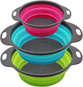 Qimh Collapsible Colander Set of 3 Round Silicone Kitchen Strainer Set - 2 pcs 4 Quart and 1 pcs 2 Quart- Perfect for Draining Pasta, Vegetable and fruit (green,blue, purple)