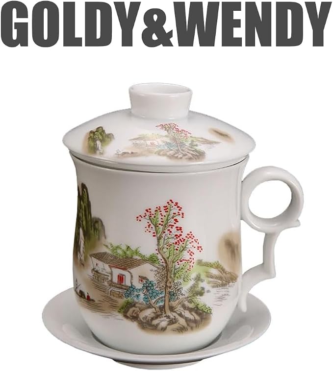 GOLDY&WENDY Chinese Porcelain Tea Cup with Infuser Lid and Saucer Sets Convenient System Ceramics Coffee Mug for Home Office