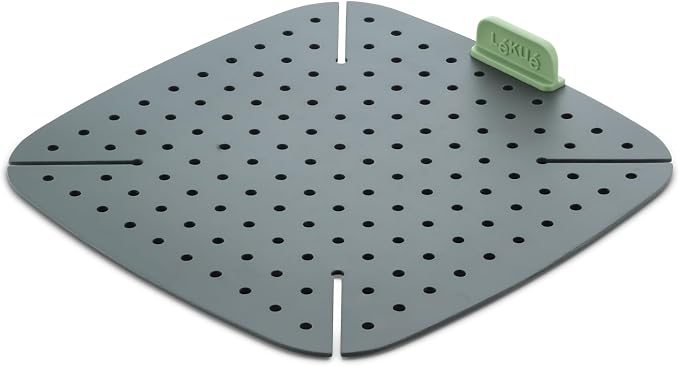 Lékué Air Fryer Liner Mat - Gray - 100% Platinum Silicone Reusable Flat Perforated Baking Tray for Air Frying, Fits in Draw, Flexible Corners, Pull-up Handle for Easy Removal
