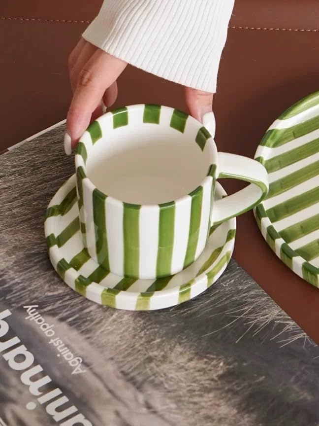 Cup and Saucer Set Hand-Painted Green Stripes, 8 Oz Ceramic Coffee Mug, Espresso Cups, Porcelain Coffee Cup for Cappuccino, Espresso, Coffee, Tea, Cafe Mocha, Latte, Set of Cup Gift for Coffee Lover