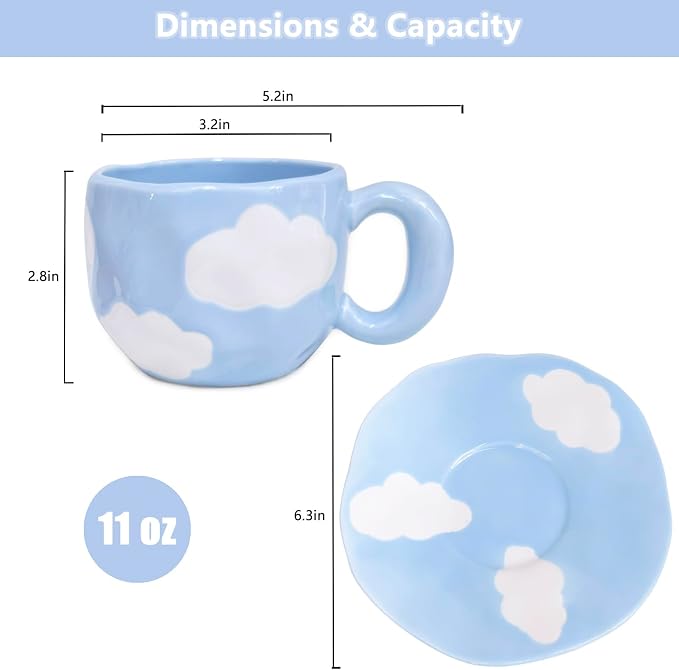 Noviko Cloud Mug with Saucer Ceramic Cloud Teacup for Girls Mum 11 oz