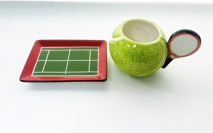 Ceramic Coffee Mug and Saucer set, 3D Handmade and Hand-painted Tennis and Tennis Court Design Tea Mug, 250ml(8.45oz)