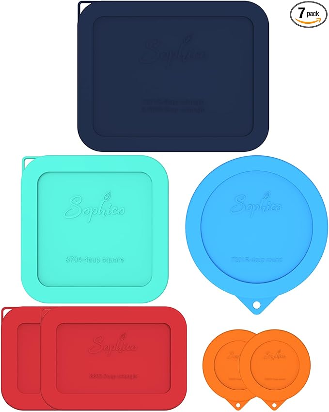 Sophico 7-Pack Silicone Lids for Pyrex Freshlock and SNAPWARE Glass Bowls - Airtight, Leakproof, Freezer/Dishwasher/Microwave Safe Replacement Rectangle Covers（Glass bowls not included）