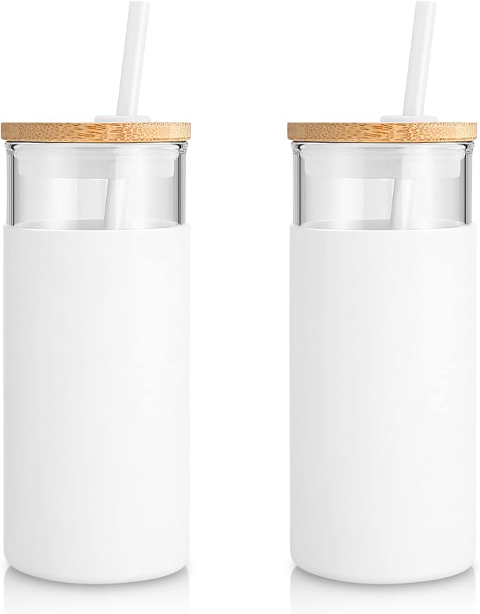 Tronco 20 oz Glass Tumbler with Lid and Straw, Iced Coffee Cup and Smoothie Cup with Bamboo Lids & Protective Silicone Sleeve, Dishwasher Safe, BPA-Free, Glass Cup 2 Pack