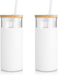 Tronco 20 oz Glass Tumbler with Lid and Straw, Iced Coffee Cup and Smoothie Cup with Bamboo Lids & Protective Silicone Sleeve, Dishwasher Safe, BPA-Free, Glass Cup 2 Pack
