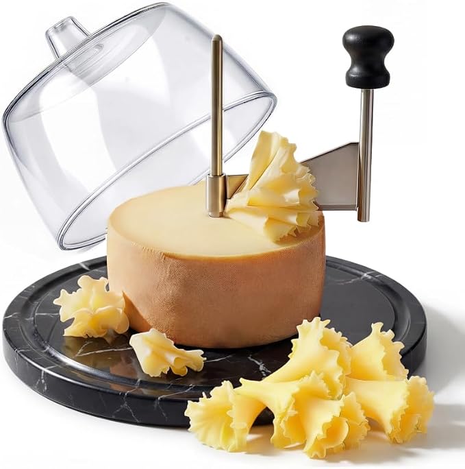 ZZXLLLO Girolle Cheese Curler Shaver Wheel – Stainless Steel Cheese Slicer Flower Maker Tool for Tête de Moine – Black Marble Base with Dome Lid