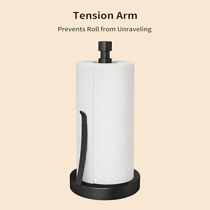YUMORE Heavy Duty Stainless Steel Paper Towel Holder – Easy One-Handed Tear, Weighted Base Non-Slip, Tension Arm Prevents Unraveling, Countertop Paper Stand for Kitchen, Fits Most Size Rolls (Black)