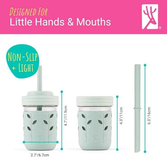 Elk and Friends Kids + Toddler Glass Cups | The Original 8oz Glass Mason Jar with Sleeves + Lids | Silicone Straws + Stopper | Smoothie Cup | Food Storage | Spill Resistant | Dishwasher Safe | 4 Pack