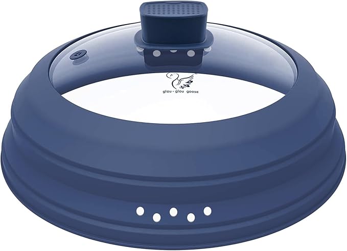 Microwave Splatter Cover Glass Cover Guard Lid with Collapsible Silicone for Food Pot Plate Cover 11.8 inch Dark Blue