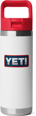 YETI Rambler 18 oz Bottle, Vacuum Insulated, Stainless Steel with Color Matching Straw Cap, White/Rescue Red/Badge
