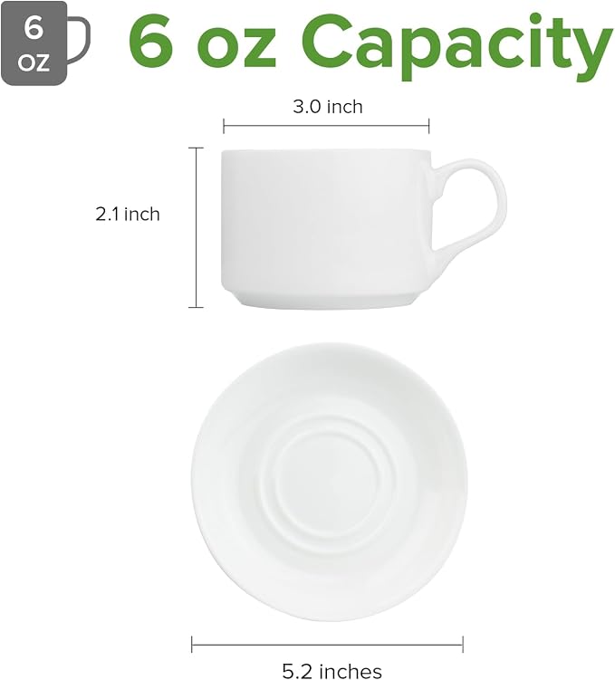 Fine Bone China Stackable Cup and Saucer Set of 6, Pure White Color Glaze Easy to Clean, 6 oz Capacity for Espresso & Cappuccino, Thin and Lightweight Comfortable to Hold, Microwave & Dishwasher safe