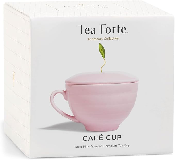Tea Forte Porcelain Tea Cup and Lid, Steeps 8 oz., Microwave & Dishwasher Safe, Café Cup Rose Pink