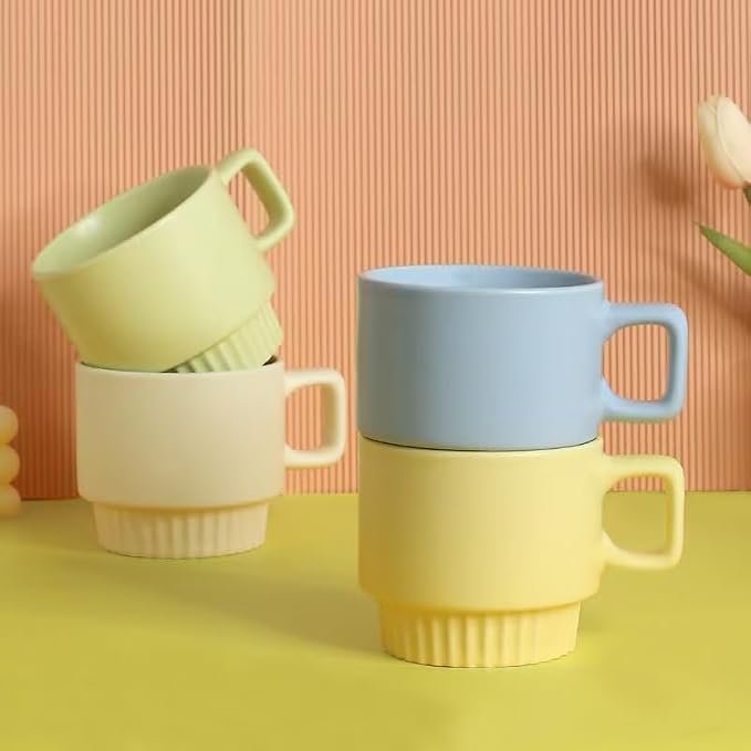 12OZ Stackable Coffee Mugs Set, Ceramic Coffee Cups with morandi color for Au Lait, Cappuccino,Latte,Cafe,Mocha,Tea, Suit Party Housewarming Wedding, Set of 4, Dishwasher&Microwave Safe（Green）