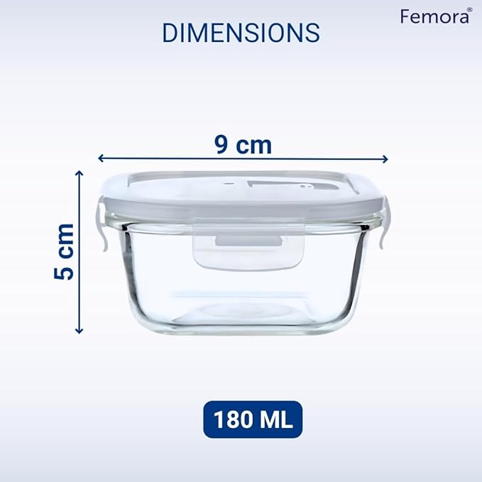 Femora Borosilicate Glass Microwave Safe Mini Square Container with Air Tight Air Vent Lid, 180ML, Set of 3, Clear