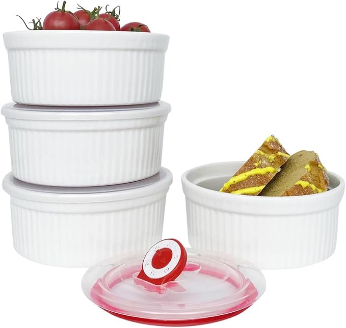 Ramekins 16 oz Oven Safe, Creme Brulee Ramekins with Lids, White Ceramic Souffle Dishes Ramekin, Mini Baking Bowls with Cover Set of 4, Ramekin Assorted Sizes - Dishwasher and Oven Safe, Fathers Day Gift