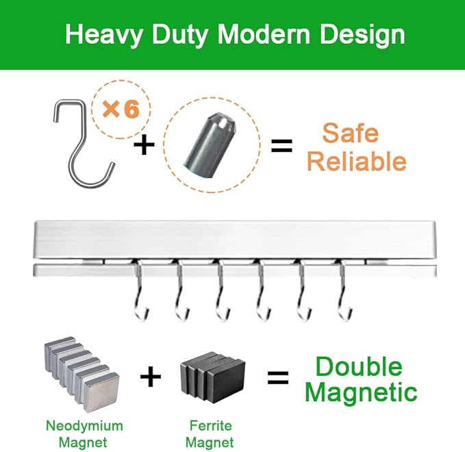 YIIYIIN 12" Premium 304 Stainless Steel Double-Sided Magnetic Knife Holder for Wall -with Adhesive Strip, No Drill -6 Hooks Included for Kitchen Utensils